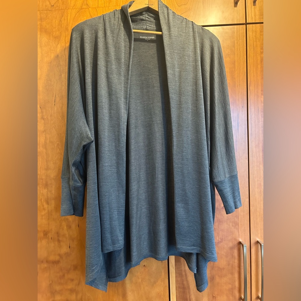 Eileen Fisher Silk blend Feather-weight Wrap Cardigan Size L Charcoal Heather